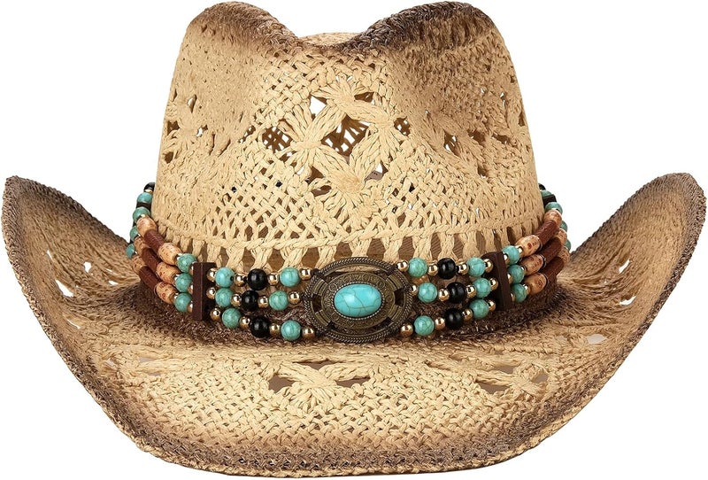 Foeran Men's Women's Straw Cowboy Hat Cowgirl Woven Sun Hat Western Cowboy Hat Two Decorative Bands - Image 2